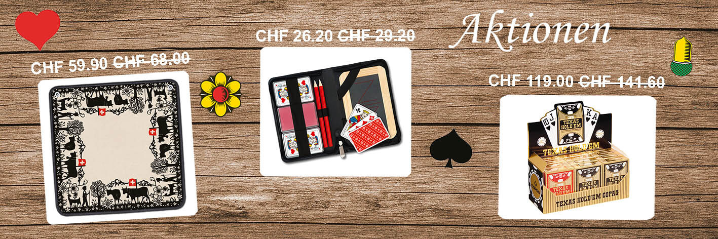 Aktion Jassteppich Scherenschnittmotiv, Jassetui Piquet Jasskarten, Copag 12er Pack Poker Karten. Günstig.