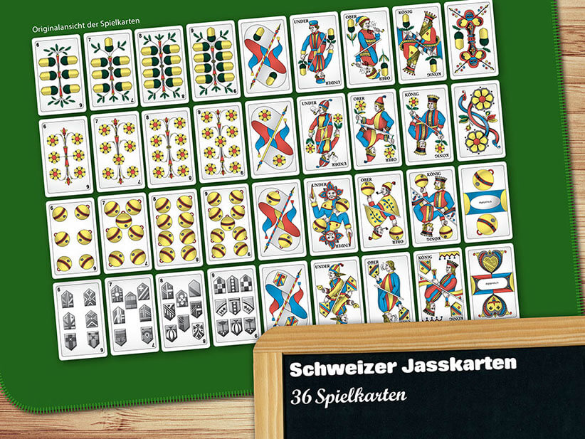 Übersicht der Deutschschweizer Jasskarten mit Rückseite Schweizer Scherenschnitt.