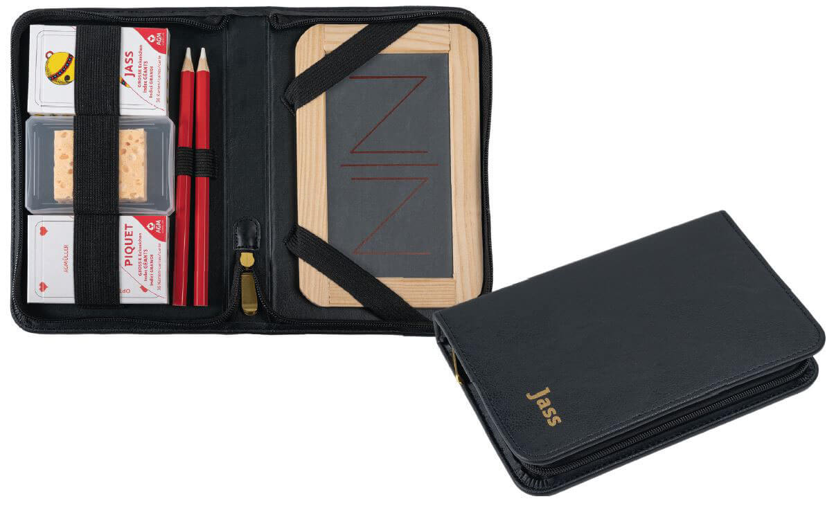 Jassetui schwarz von AG Müller mit Deutschschweizer und französischen Jasskarten
