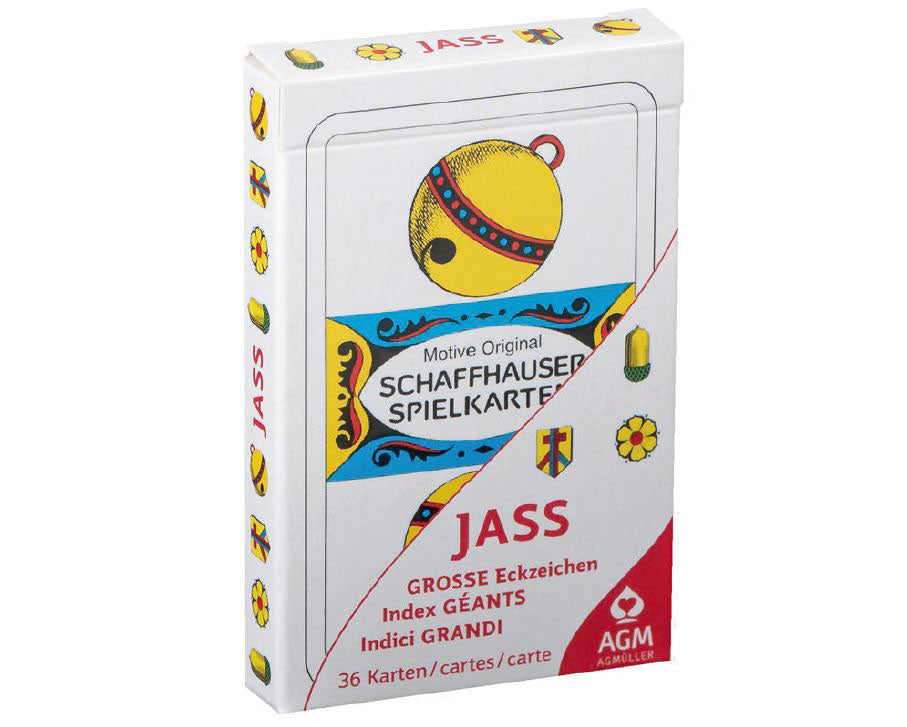 Deutschschweizer Jasskarten mit extra grossen Zahlen für gute Lesbarkeit in Kartonfaltschachtel verpackt. 