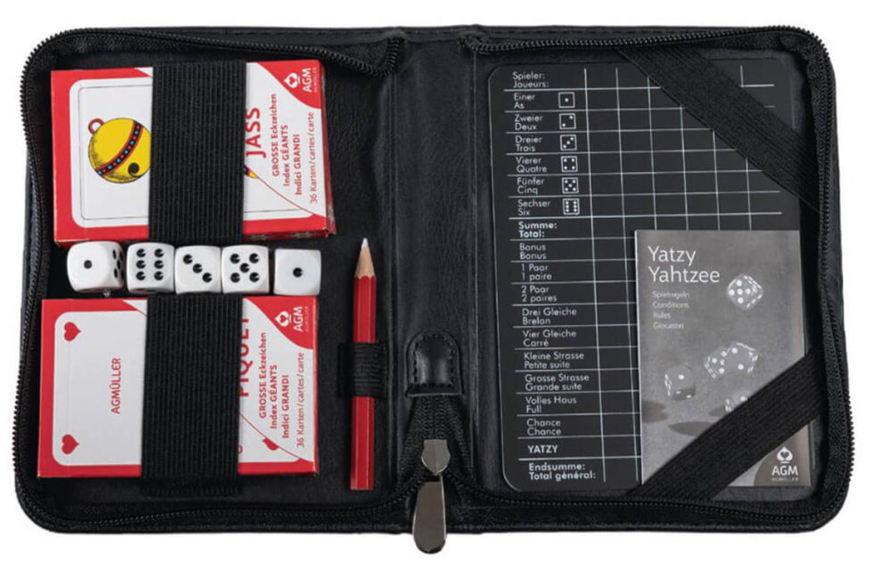 Yatzi-Jass-Reiseetui von AG Müller mit Deutschschweizer und französischen Jasskarten