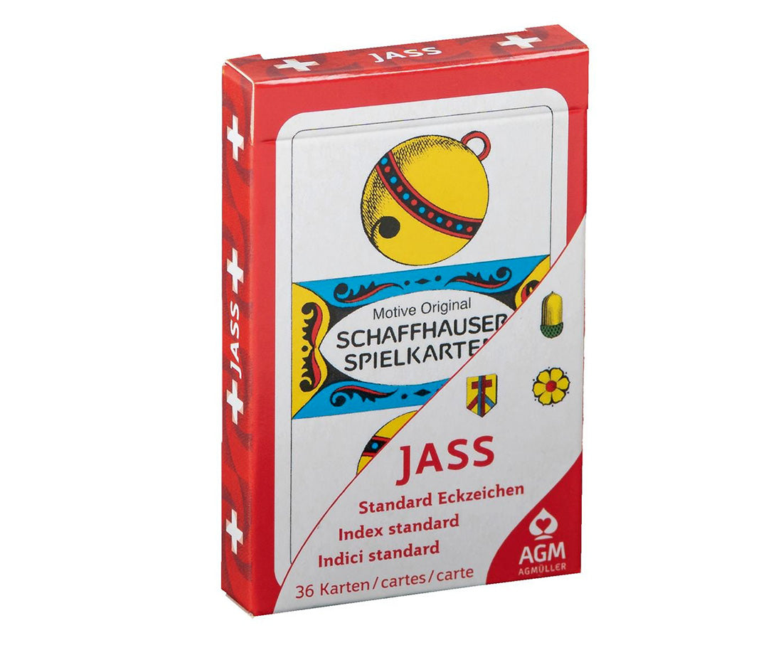 Deutschschweizer Jasskarten mit Schweizer Kreuz auf Rückseite verpackt in einem Kartonfaltetui