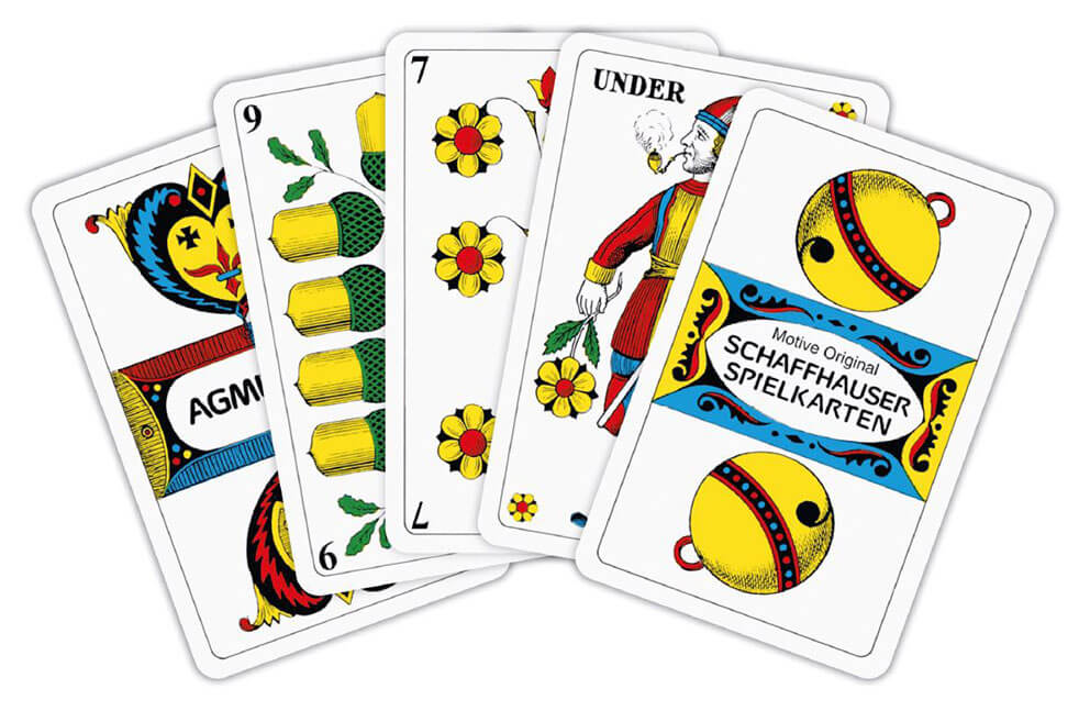 Deutschschweizer Jasskarten mit Schweizer Kreuz auf Rückseite verpackt in einem Kartonfaltetui
