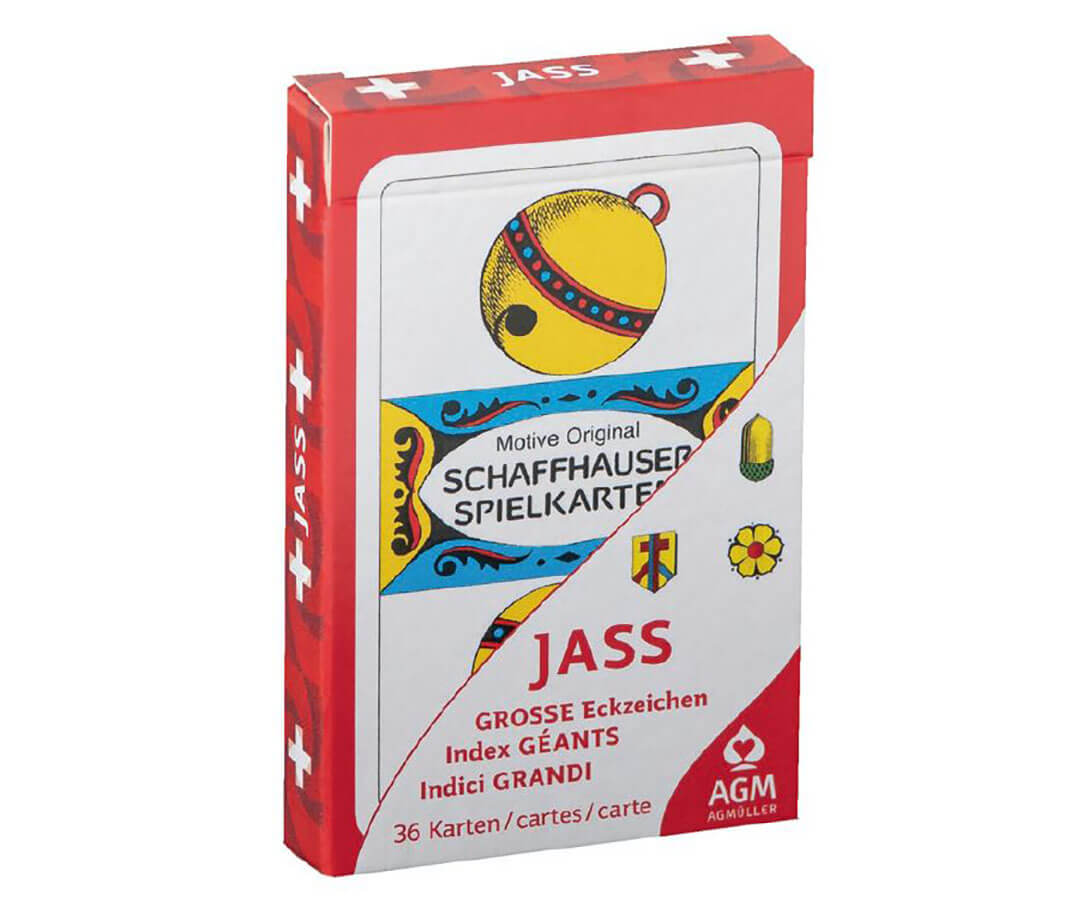 Deutschschweizer Jasskarten mit grossen Zahlen Schweizer Kreuz verpackt in einem Kartonfaltetui