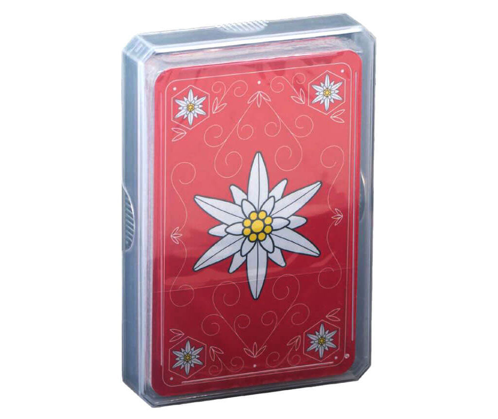 Deutschschweizer Jasskarten mit Edelweiss Rückseite von AG Müller vepackti in wiederverschliessbaren Kunststoffbox