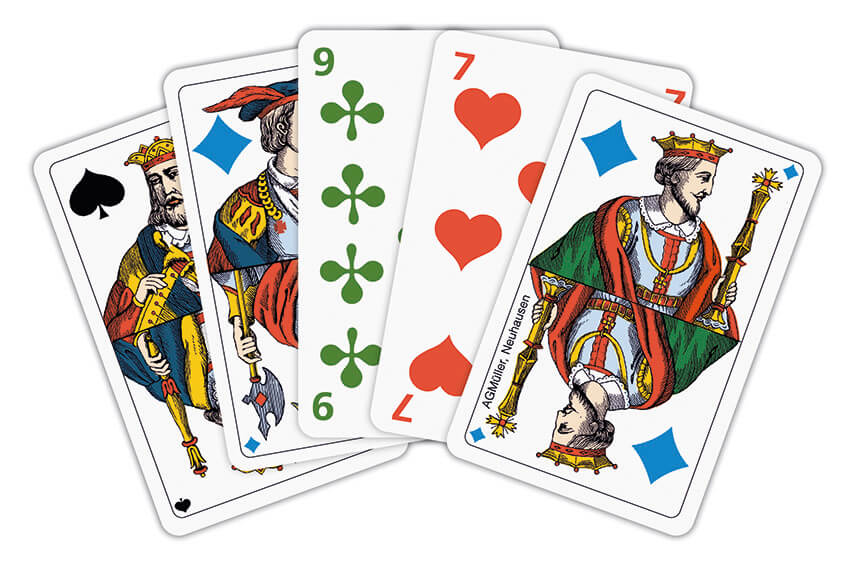 AG Müller Piquet Jasskarten in vier Farben, Herz = Rot, Schaufel = Schwarz, Kreuz = Grün, Ecke = Blau 