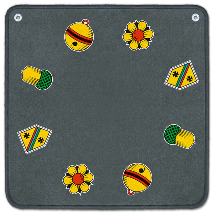 Jassteppich grau mit Deutschschweizer Jass-Symbolen günstig online kaufen.