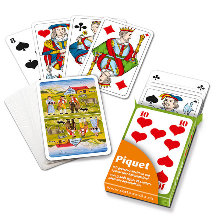 Französische Jasskarten mit Appenzellerland Motiv und grossen Zahlen in Kartonfaltetui verpackt