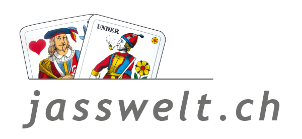 Das Logo von Jasswelt.ch. Man kann online günstig kaufen wie Jassartikel und Gesellschaftsspiele