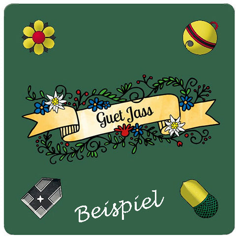 Personalisierter Jassteppich Heimat Schellen Grün mit eigenem Text und Deutschschweizer Jass-Symbolen. Jetzt günstig online kaufen.