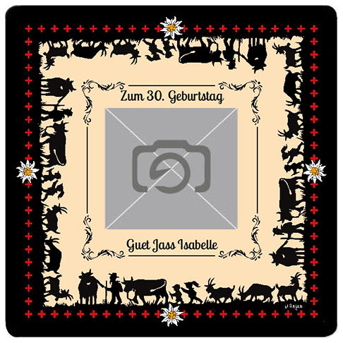 Personalisierter Jasstepich Scherenschnitt Alpaufzug mit eigenem Foto, Design oder Firmenlogo. Musterbeispiel mit Foto.