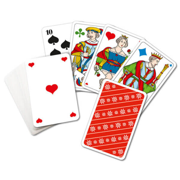 Französische Piquet Jasskarten in vier Farben für die bessere Unterscheidbarkeit und mit grossen Zahlen für die bessere Lesbarkeit