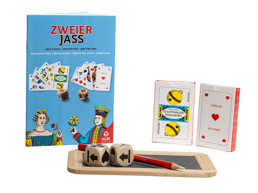 Zweier Jass. Spiel für 2 Jasser mit Würfel, Jasskarten und Jasstafel und Kreide
