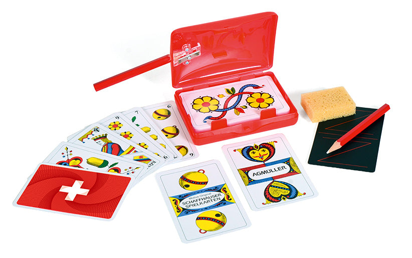 Jass-Box rot mit Schweizer Kreuz Jasskarten Deutschschweizer. Günstig online kaufen auf Jasswelt.ch