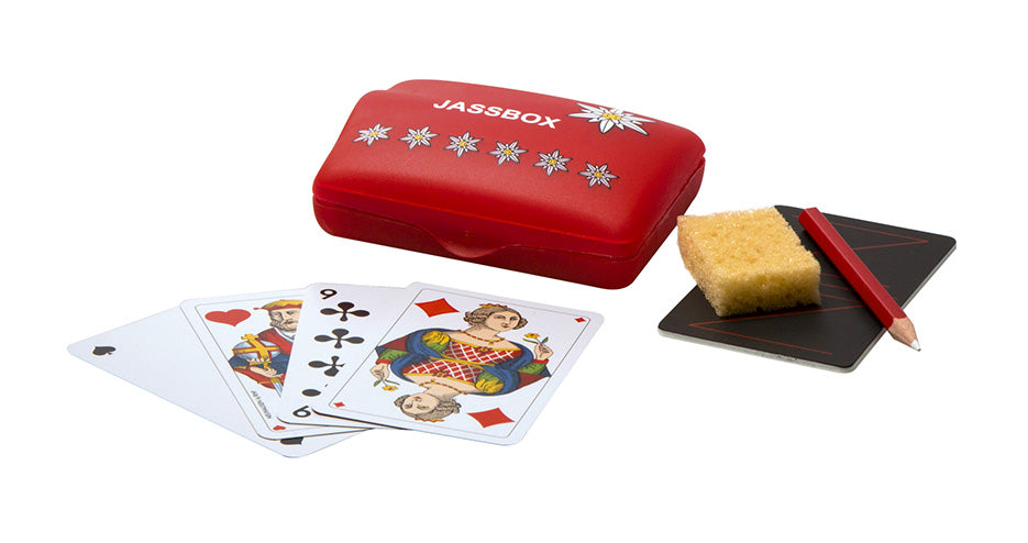 Edelweiss Jass-Box rot mit Piquet Jasskarten. Französische Spielkarten. Box geschlossen. Günstig online kaufen.