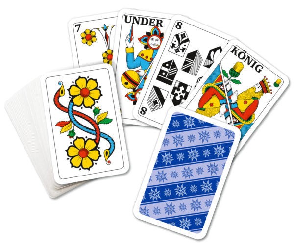 Edelweiss Jasskarten D-CH im Miniformat. Deutschschweizer Jasskarten günstig online auf Jasswelt.ch kaufen.