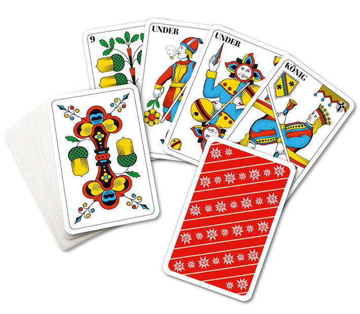 Edelweiss Jasskarten Deutschschweiz mit roter Rückseite günstig auf Jasswelt.ch kaufen.