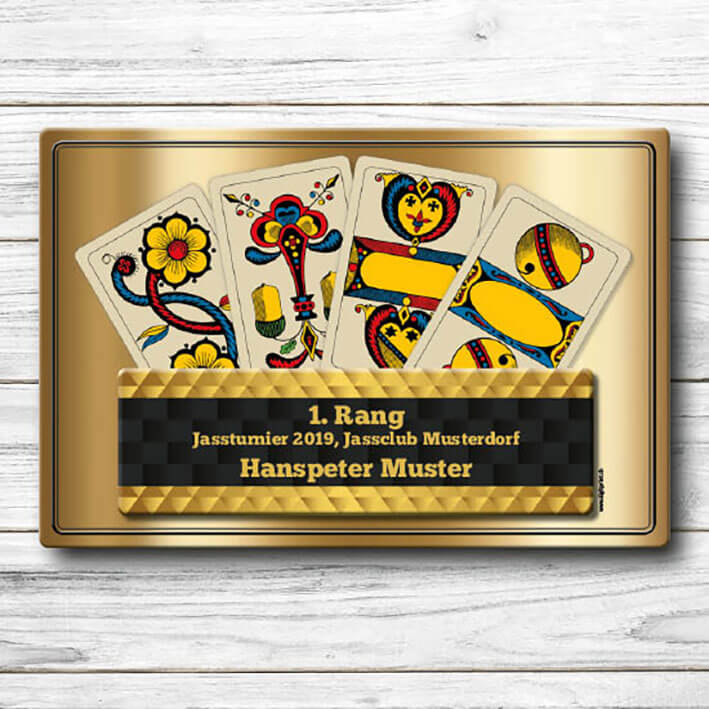 Blechschild Schweizer Jass-Diplom mit Deutschschweizer Jasskarten. Hochwertiger Druck auf Aluplatte.