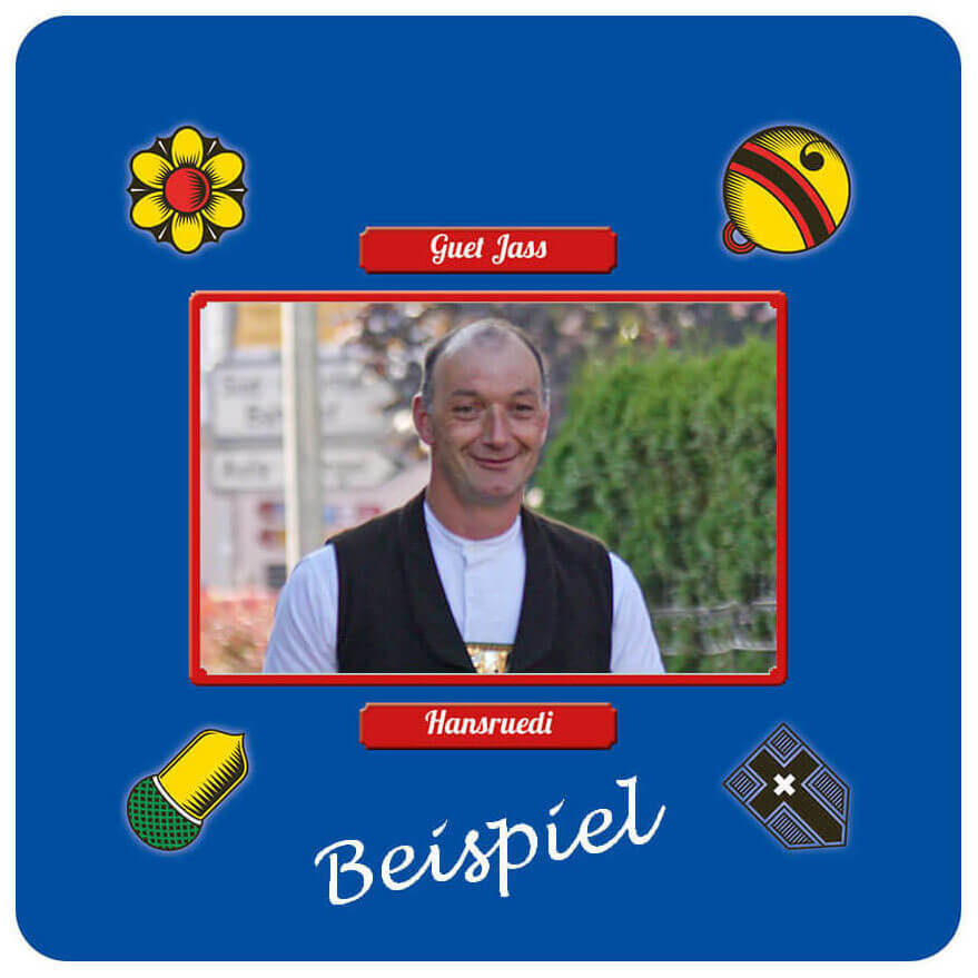 Personalisierter Jassteppich Schellen mit eigenem Foto individuell bedruckt. Bauer und Jassen.