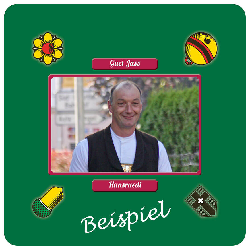 Personalisierter Jassteppich Schellen mit eigenem Foto individuell bedruckt. Bauer und Jassen.