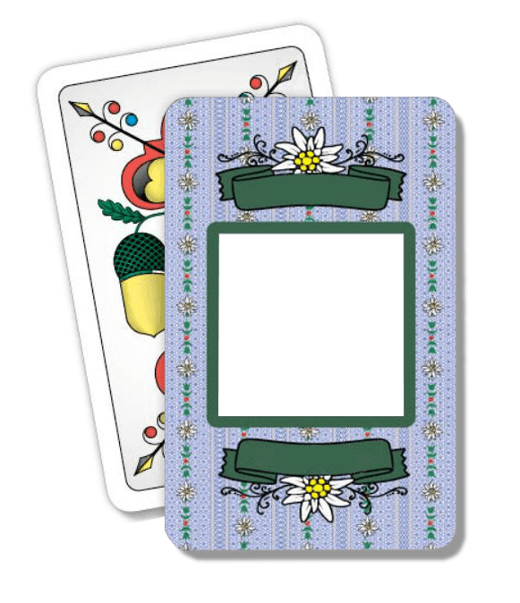 Personalisierte Deutschschweizer Jasskarten Blaues Edelweiss. Geschenkidee für Vereine, Firmen, Geburtstag.