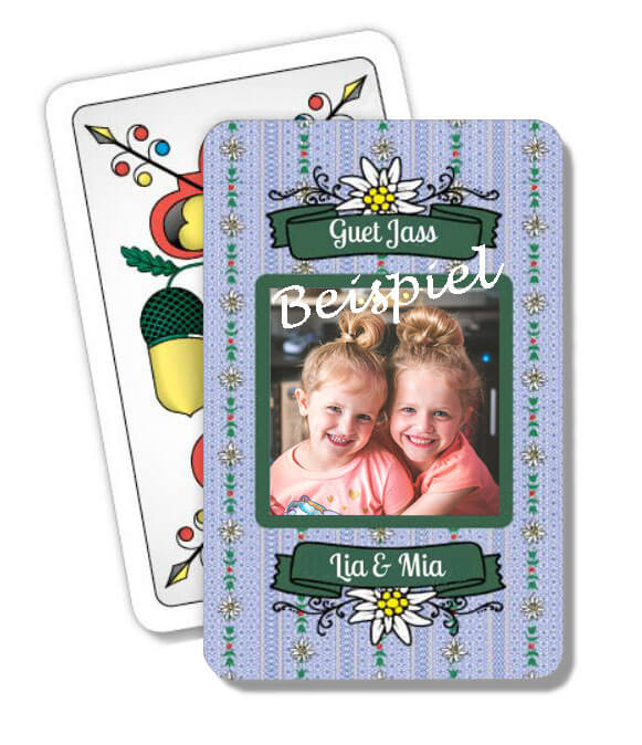 Personalisierte Deutschschweizer Jasskarten Blaues Edelweiss mit eigenem Foto, Text, Design, Firmenlogo.