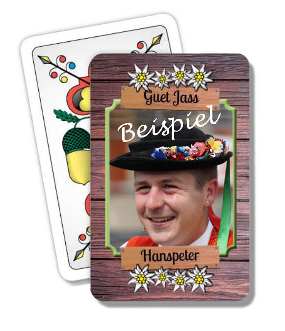 Personalisierte Deutschschweizer Jasskarten Holz mit eigenem Foto, Text, Design, Firmenlogo. Online günstig kaufen.