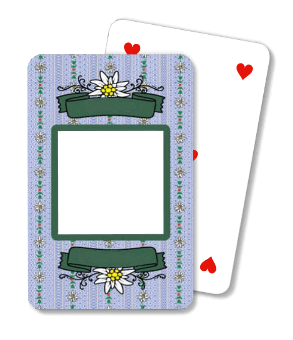 Personalisierte französische Jasskarten Blaues Edelweiss. Geschenkidee für Vereine, Firmen, Geburtstag.