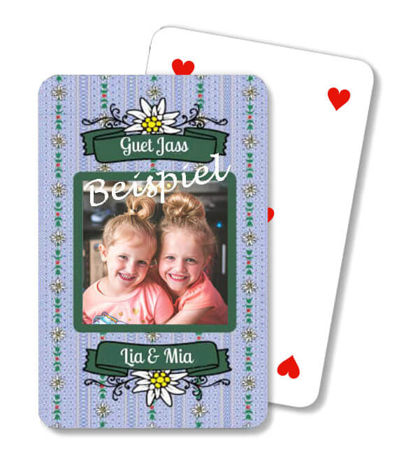 Personalisierte französische Jasskarten Blaues Edelweiss mit eigenem Foto, Text, Design, Firmenlogo.
