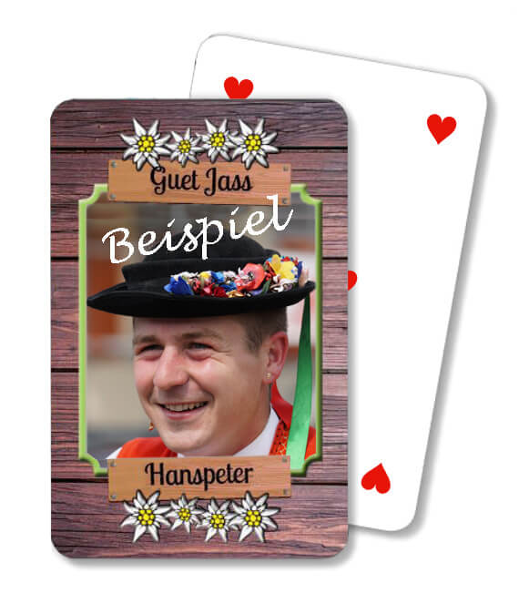 Personalisierte französische Jasskarten Holzdesign mit eigenem Foto, Text, Design, Firmenlogo. Online günstig kaufen.