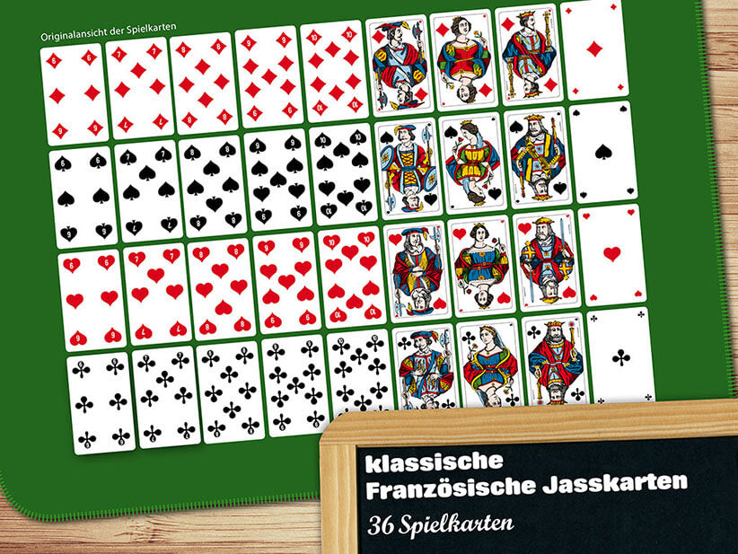 Französische Piquet Jasskarten individuell bedrucken auf Jasswelt.ch. Günstig kaufen.
