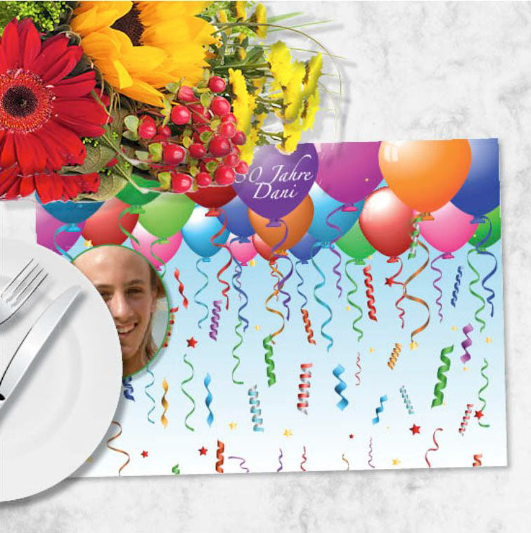 Personalisiertes Foto-Tischset mit Ballon Vorlage selber gestalten für Jubiläum. Günstig online kaufen.