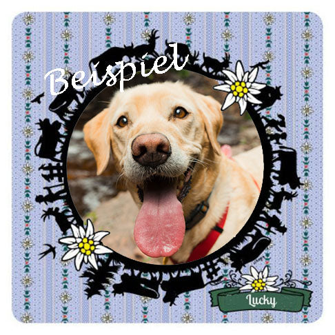Personalisierter Jassteppich Edelweiss. Individuell bedruckten mit Foto und Text. oder Firmenlogo. Musterbeispiel mit Hund.